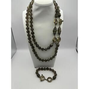 Heidi Daus Brass tone Smoky Quartz Crystal Toggle Front Necklace Bracelet Set